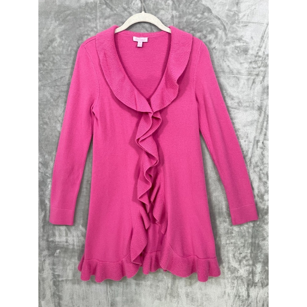 Lilly Pulitzer Pink 100% Cashmere  Womens XS Ruffle Front Cardigan Sweater
